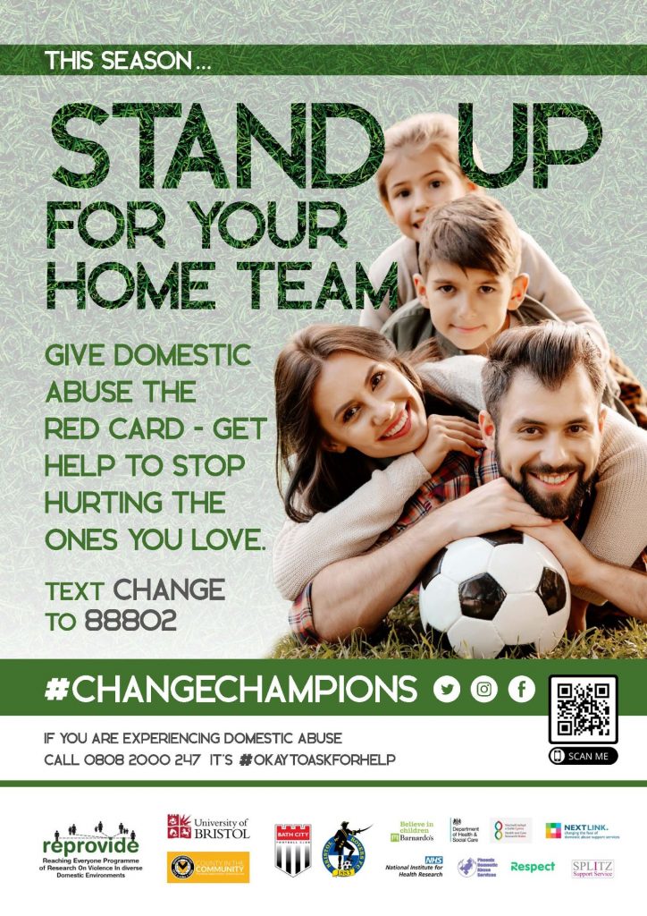Poster showing stereotypical 'happy family' smiling and resting on a football. Text reads: stand up for your hoe team this season